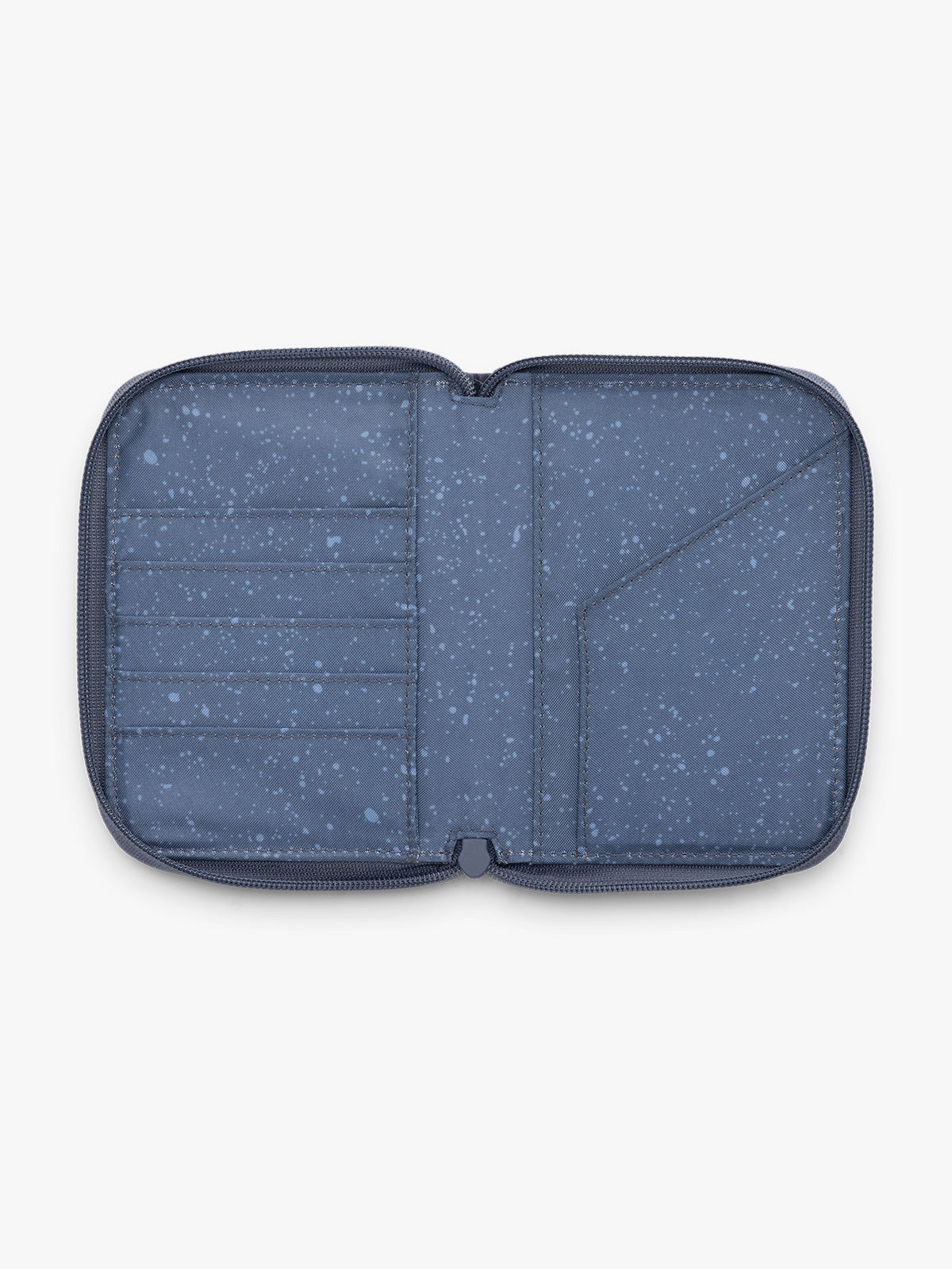 CALPAK Terra Zip Passport Wallet in blue Indigo opened; ATPW2501-INDIGO