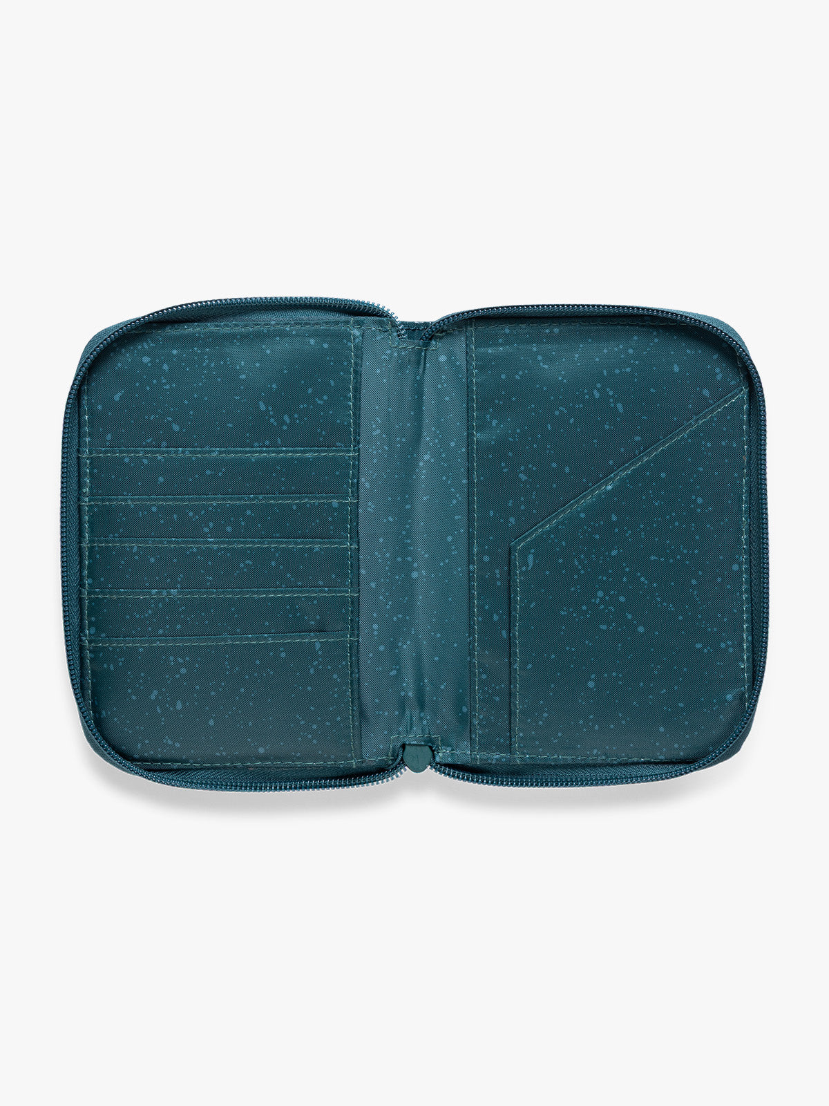 Opened view of  CALPAK Terra Zip Passport Wallet in blue green Kale on a white background; ATPW2501-KALE