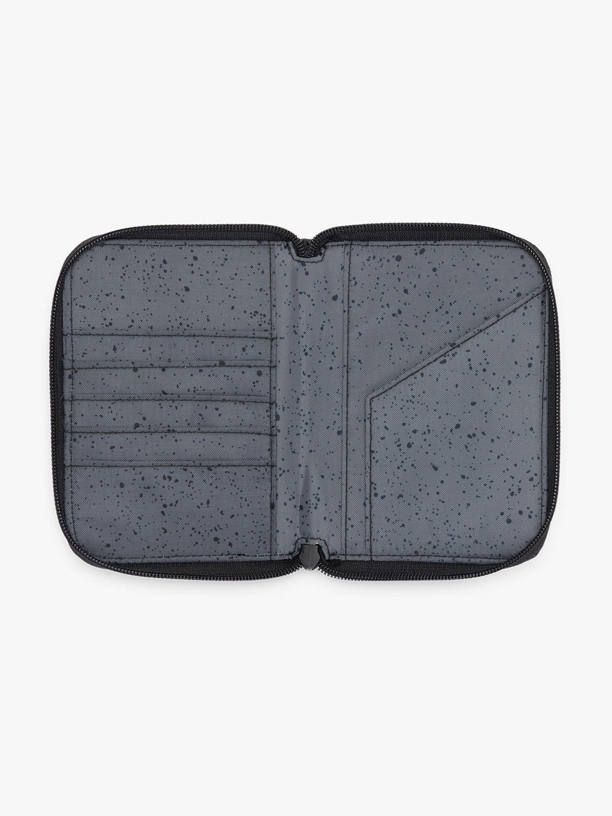 CALPAK Terra Zippered Passport Wallet in black Matte Obsidian opened view; ATPW2501-MATTE-OBSIDIAN
