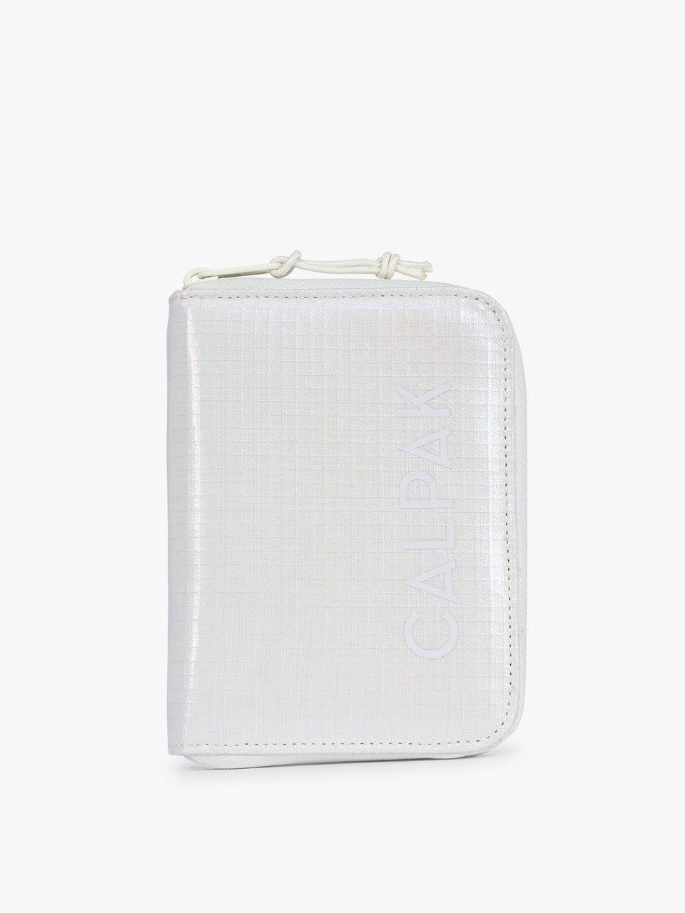 Front side of CALPAK Terra Zip Passport Wallet in shiny white Moonbeam; ATPW2501-MOONBEAM