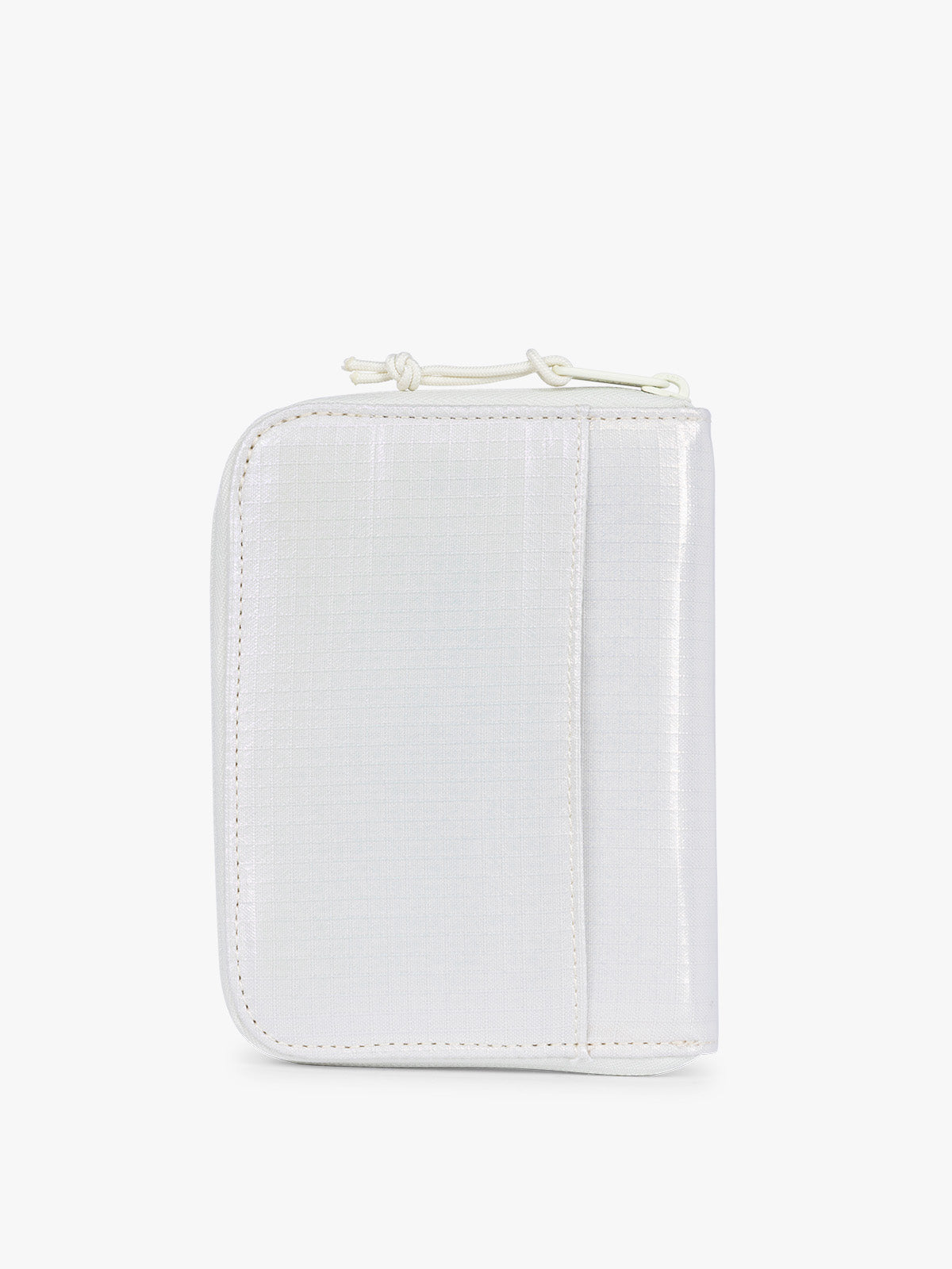 Backside of Front side of CALPAK Terra Zip Passport Wallet in shiny white Moonbeam; ATPW2501-MOONBEAM