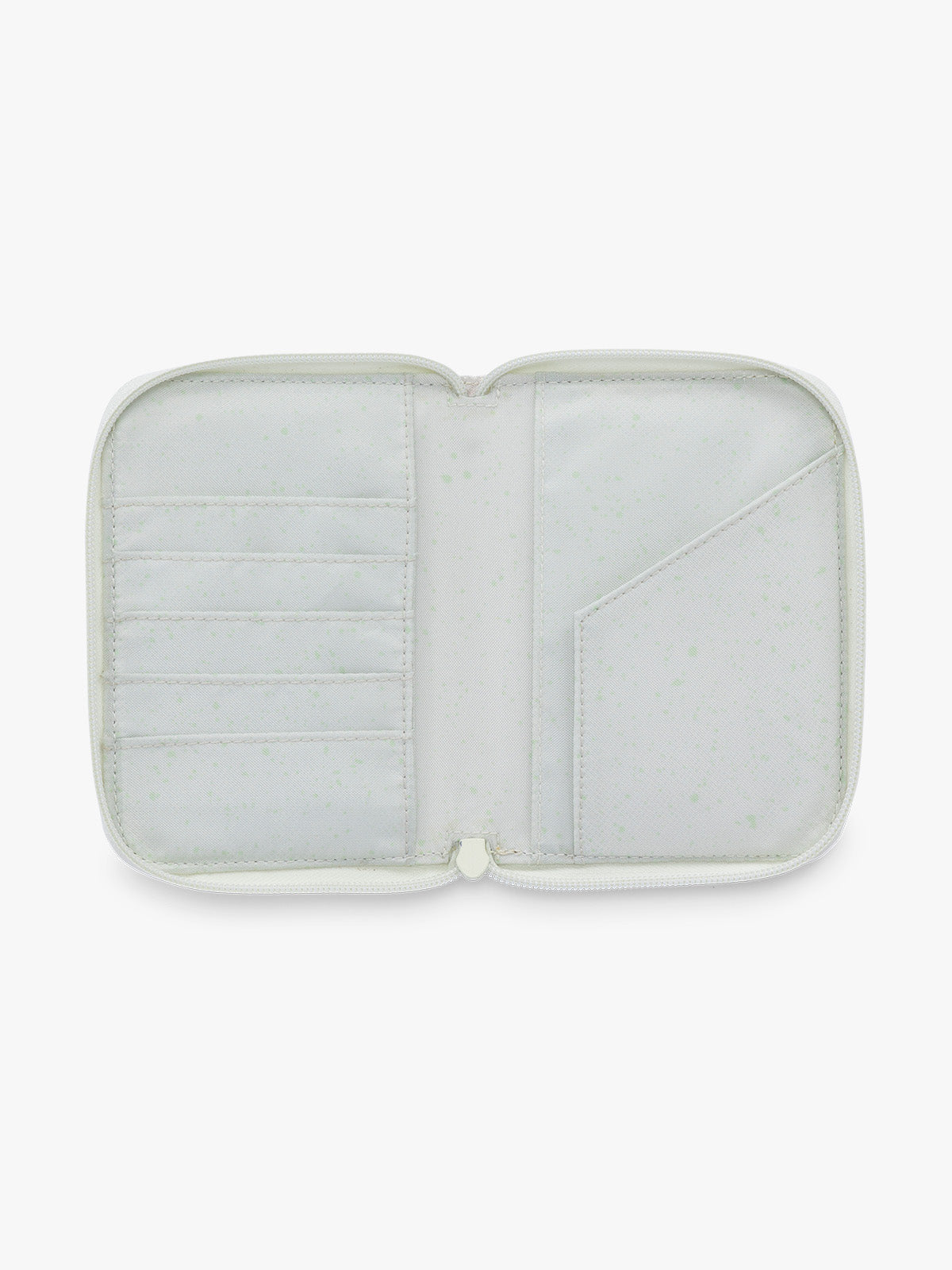 Opened Front side of CALPAK Terra Zip Passport Wallet in shiny white Moonbeam; ATPW2501-MOONBEAM