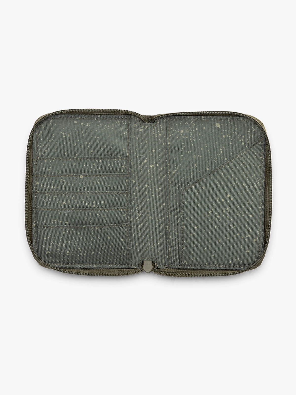 Model with CALPAK Terra Zip Passport Wallet in green Pine opened; ATPW2501-PINE