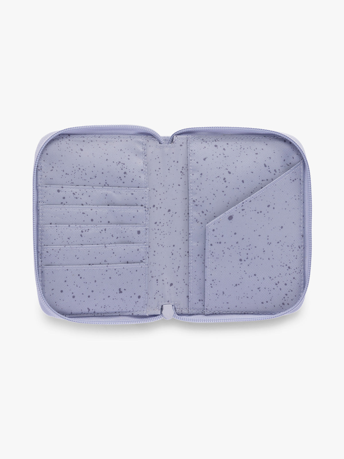Opened CALPAK Terra Zip Passport Wallet in light purple Sea Glass ; ATPW2501-SEA-GLASS