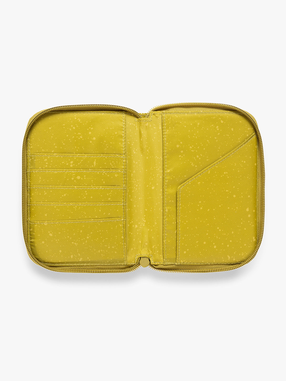 Opened view of  CALPAK Terra Zip Passport Wallet in yellow green Wasabi on a white background; ATPW2501-WASABI