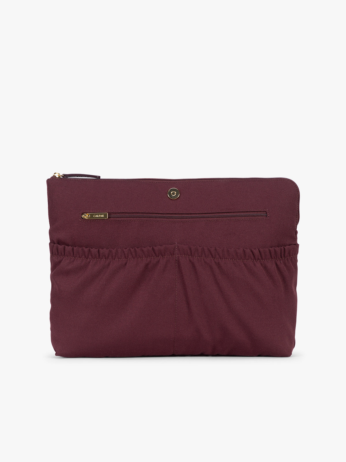 Laptop sleeve of CALPAK Haven 15" Laptop Tote in deep red Dark Cherry crocodile-embossed with dual top handles and a matching shoulder strap against a plain white background; ATS2501-DARK-CHERRY-FAUX-CROC