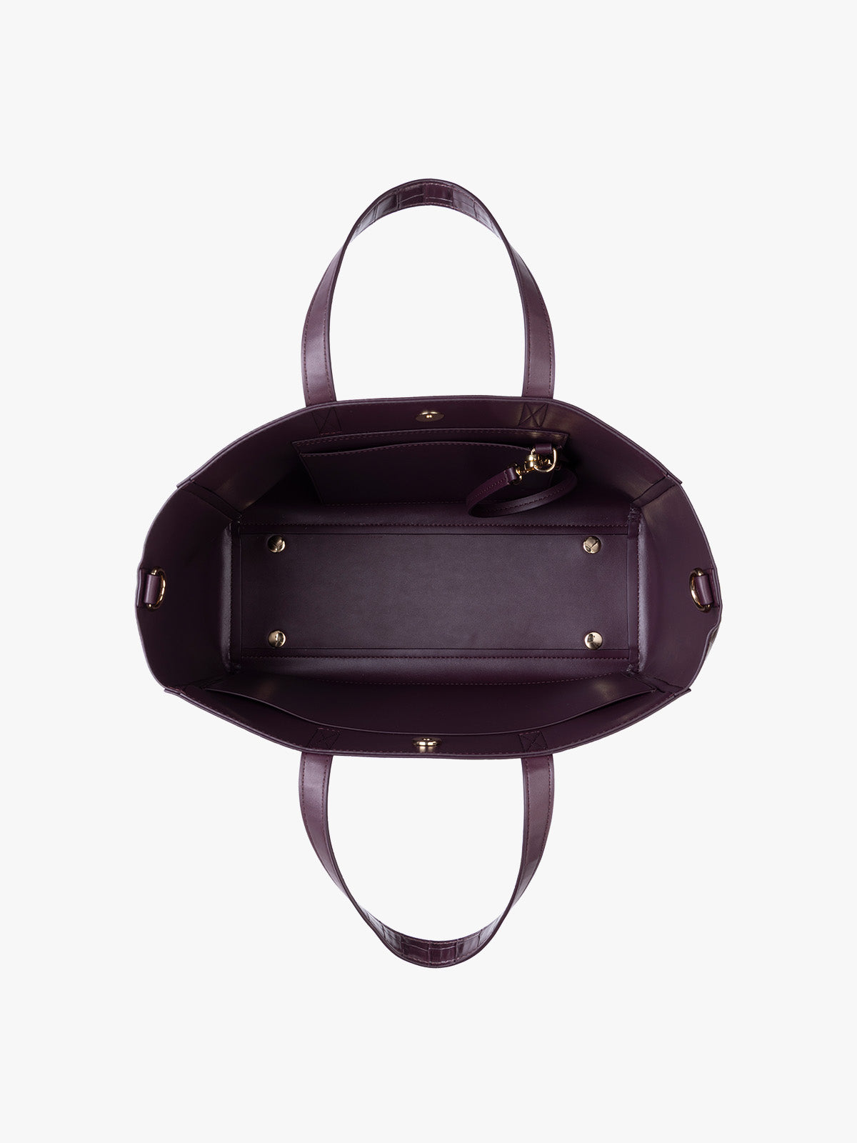 Opened and top down view of CALPAK Haven 15" Laptop Tote in deep red Dark Cherry crocodile-embossed with dual top handles and a matching shoulder strap against a plain white background; ATS2501-DARK-CHERRY-FAUX-CROC