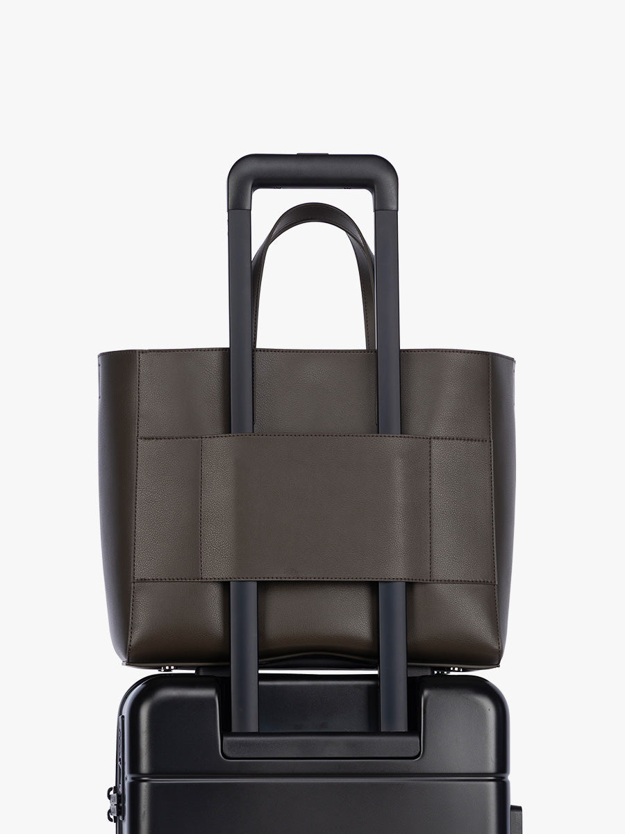 Trolley sleeve of CALPAK Haven 15" Laptop Tote in dark brown Mushroom; ATS2501-MUSHROOM