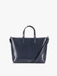 A navy CALPAK Haven 15" Laptop Tote in Navy blue crocodile-embossed with dual top handles and a matching shoulder strap against a plain white background; ATS2501-NAVY-FAUX-CROC