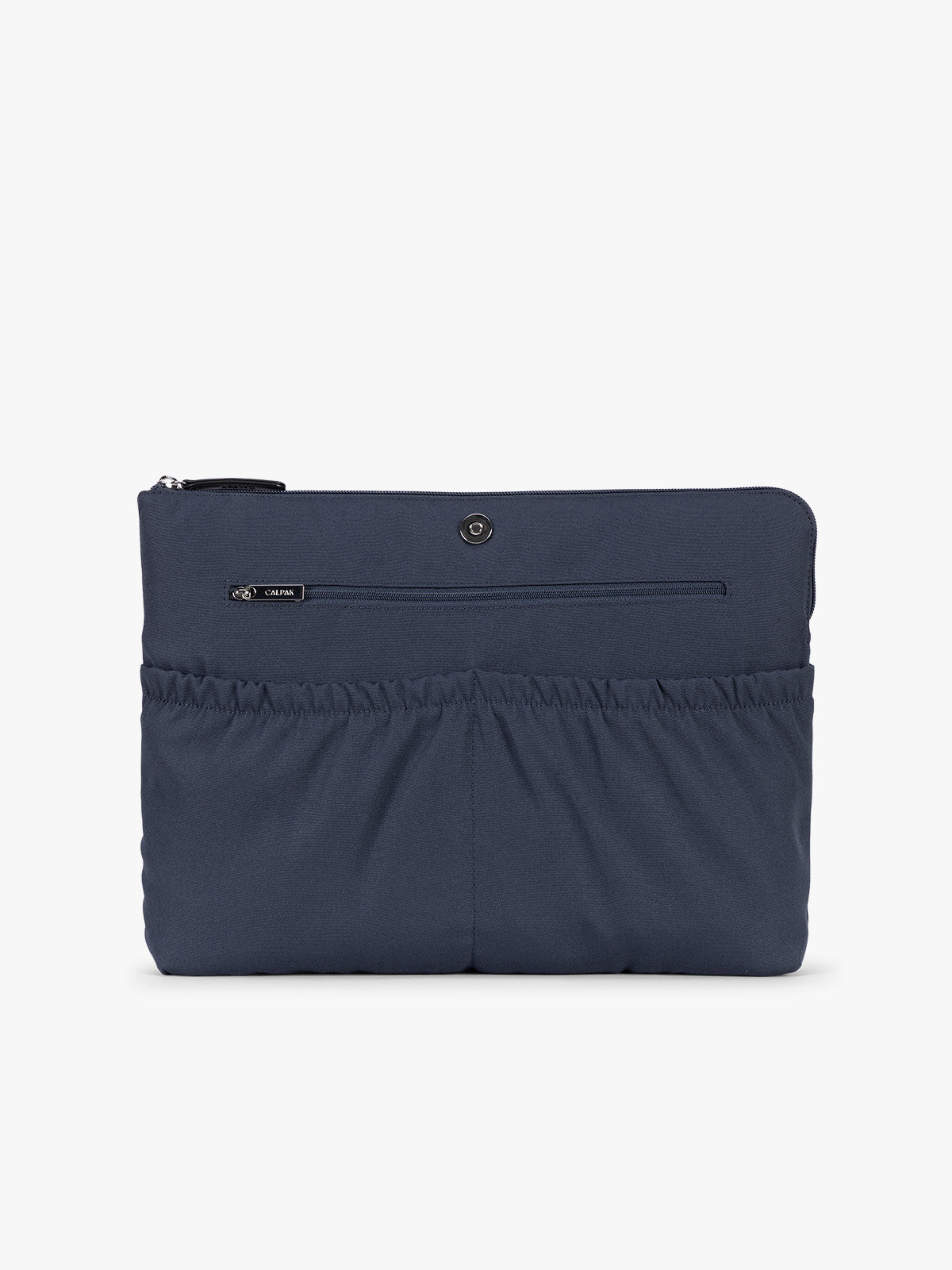 Laptop sleeve of a navy CALPAK Haven 15" Laptop Tote in Navy blue crocodile-embossed with dual top handles and a matching shoulder strap against a plain white background; ATS2501-NAVY-FAUX-CROC