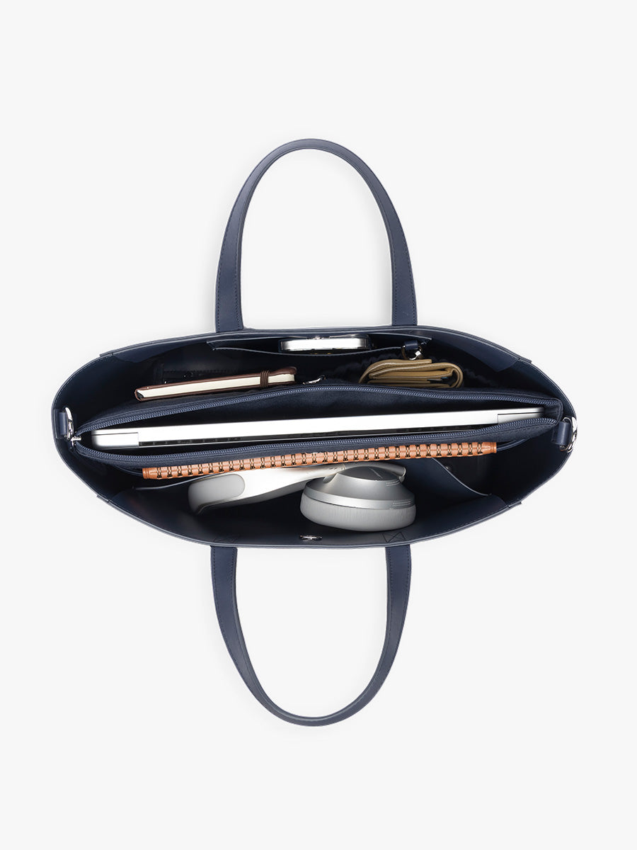 Open interior of CALPAK Haven 15" Laptop Tote in dark blue Navy; ATS2501-NAVY