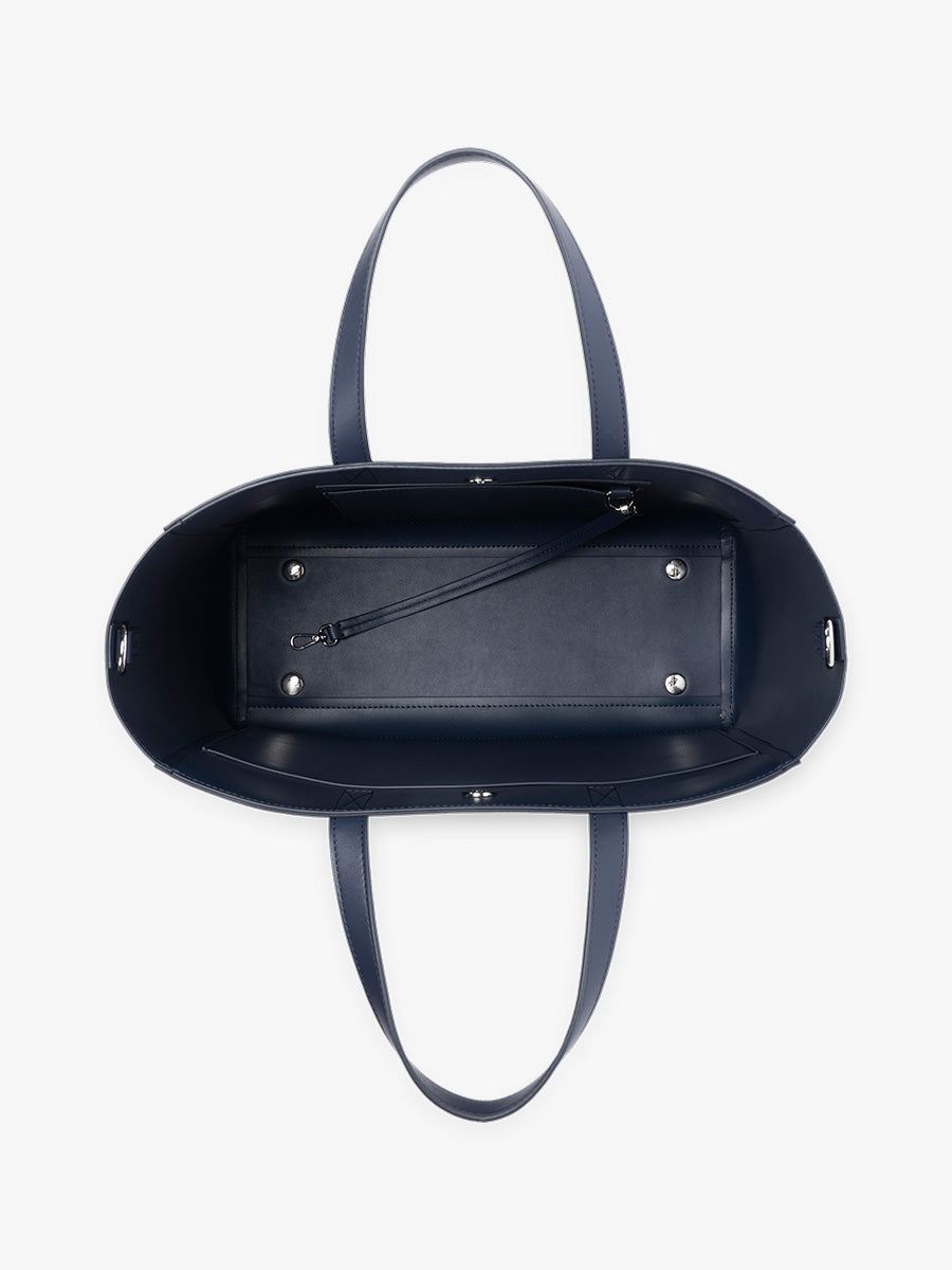 Open interior of CALPAK Haven 15" Laptop Tote in dark blue Navy; ATS2501-NAVY