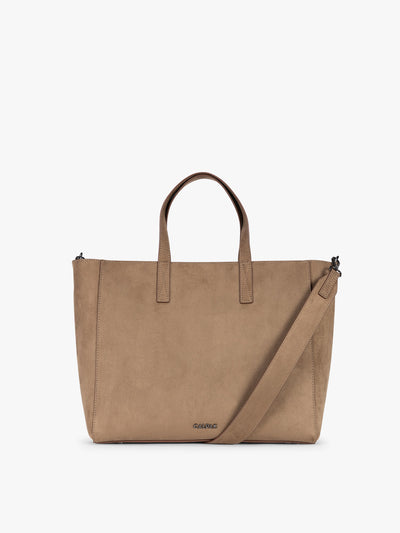 CALPAK Haven 15" Laptop Tote in Truffle Suede taupe with dual top handles and a matching shoulder strap against a plain white background; ATS2501-TRUFFLE-FAUX-SUEDE