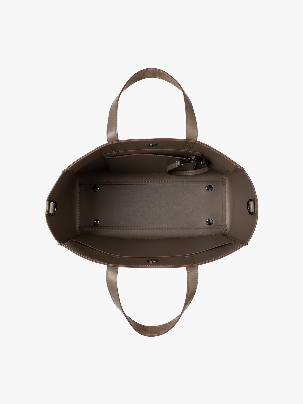 Top down view of CALPAK Haven 15" Laptop Tote in Truffle Suede taupe with dual top handles and a matching shoulder strap against a plain white background; ATS2501-TRUFFLE-FAUX-SUEDE