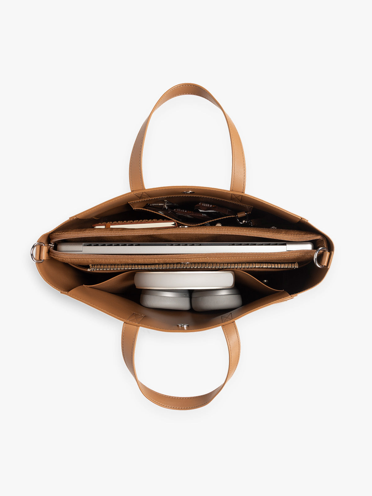 CALPAK Haven 15 inch Laptop Tote in brown Toffee opened view with work essentials; ATS2501-TOFFEE