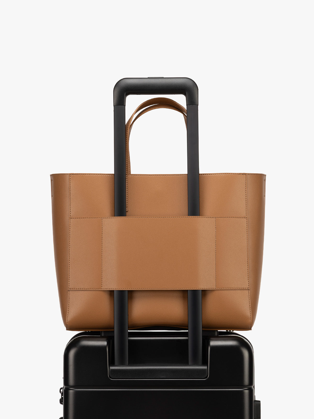 CALPAK Haven 15 inch Laptop Tote in brown Toffee with luggage trolley sleeve; ATS2501-TOFFEE