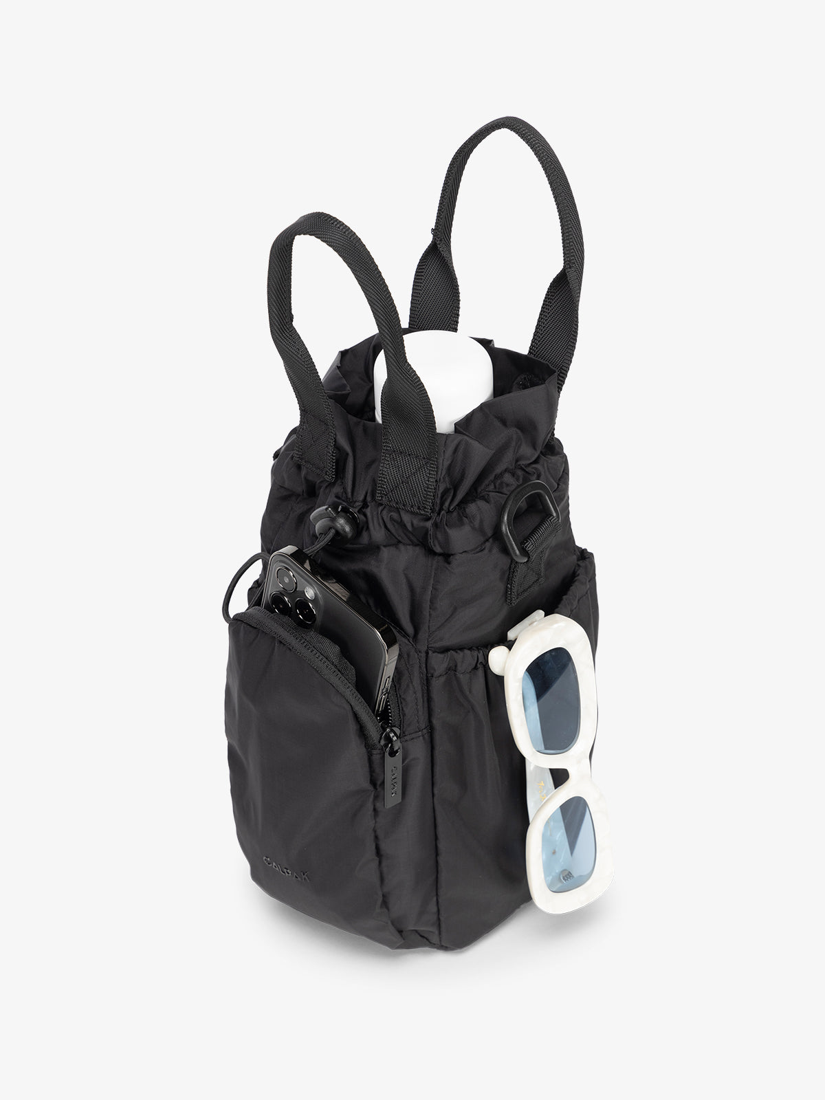 water bottle bag in black with phone and sunglasses; AWH2101-BLACK