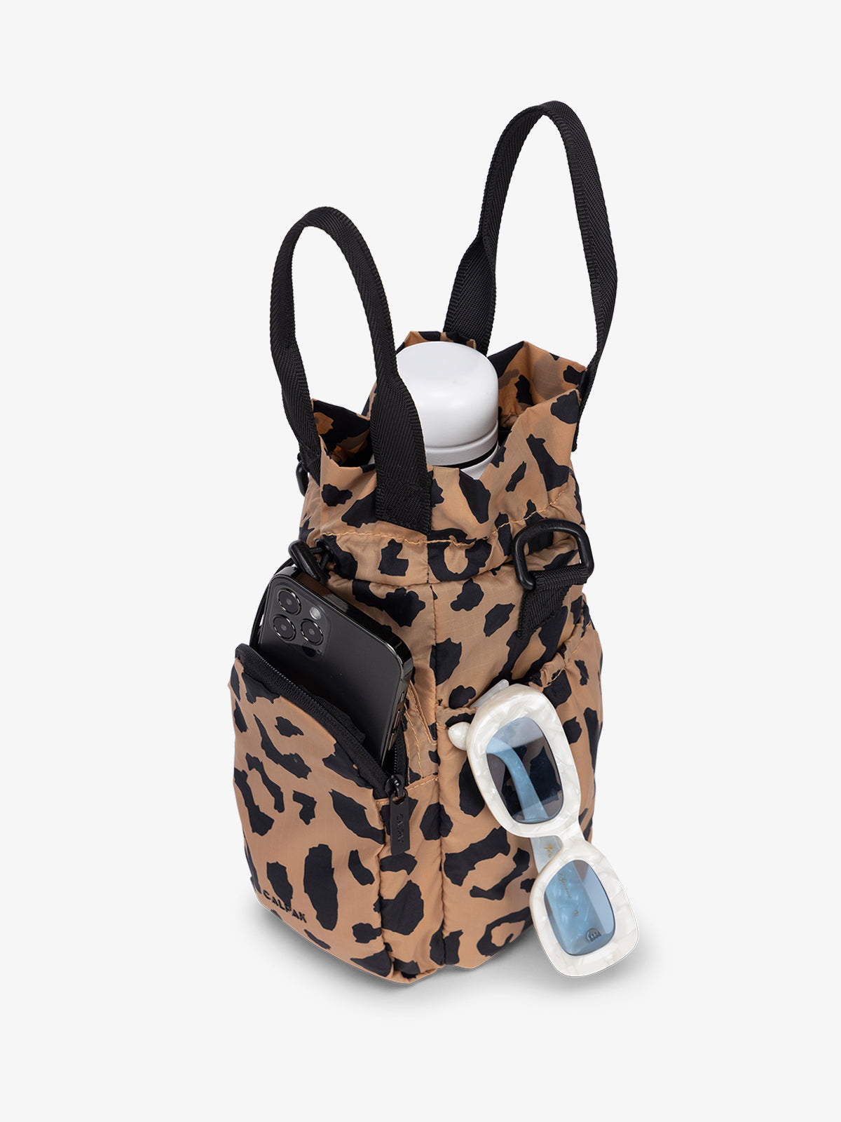 water bottle bag in cheetah print with phone and sunglasses; AWH2101-CHEETAH