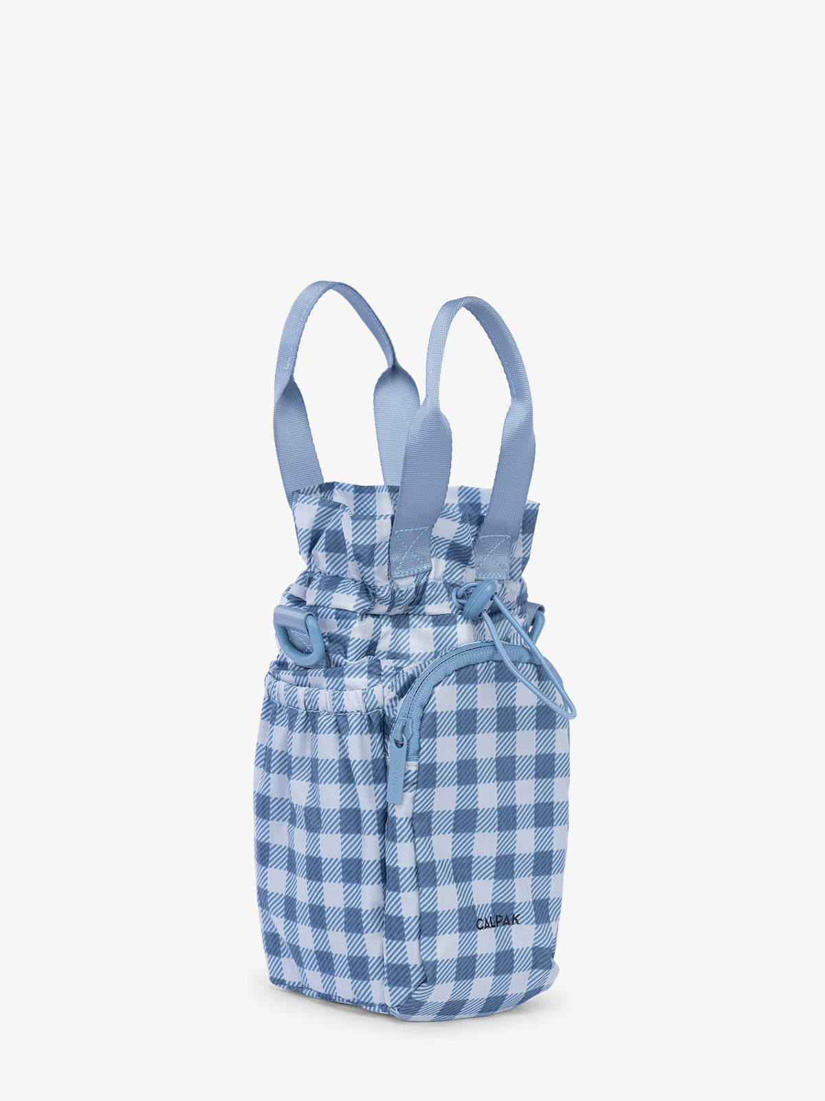 Opened CALPAK Water Bottle Holder in blue and white checkered French Blue Gingham; AWH2101-FRENCH-BLUE-GINGHAM