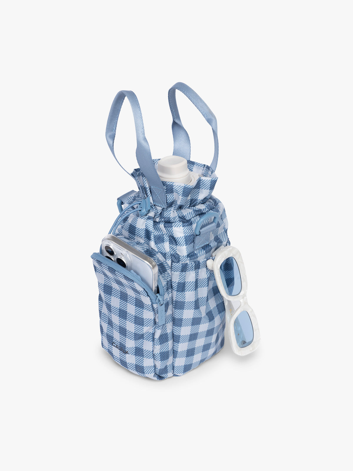 Items in the CALPAK Water Bottle Holder in blue and white checkered French Blue Gingham; AWH2101-FRENCH-BLUE-GINGHAM