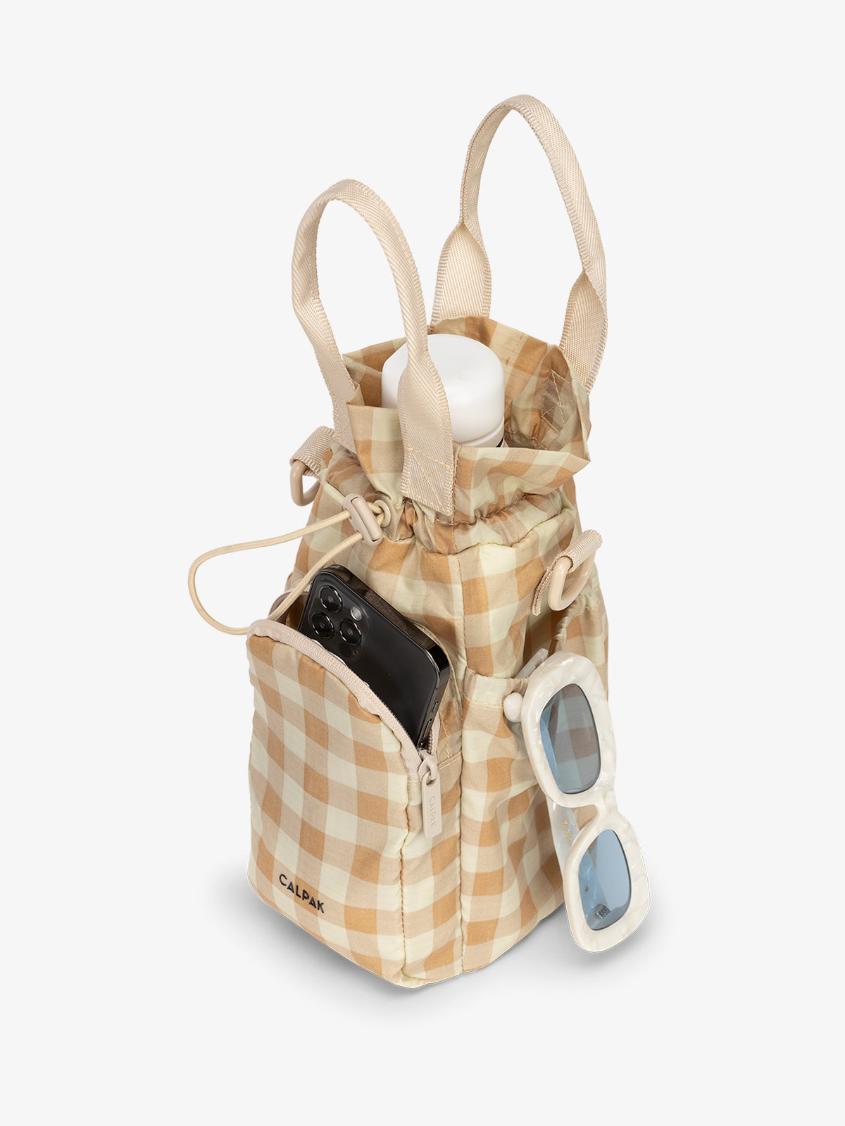 water bottle bag in white and beige gingham print with phone and sunglasses; AWH2101-GINGHAM