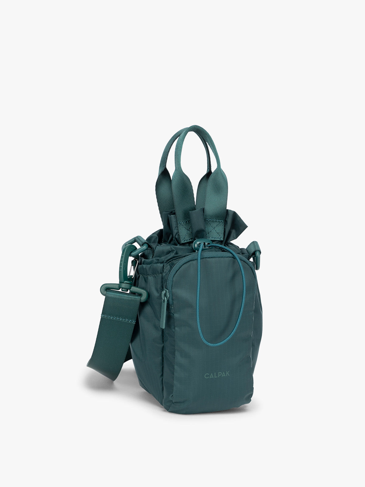 Dark green teal Kale CALPAK Water Bottle Holder with top handles, drawstring top, front zippered pocket, and a detachable shoulder strap; AWH2101-KALE