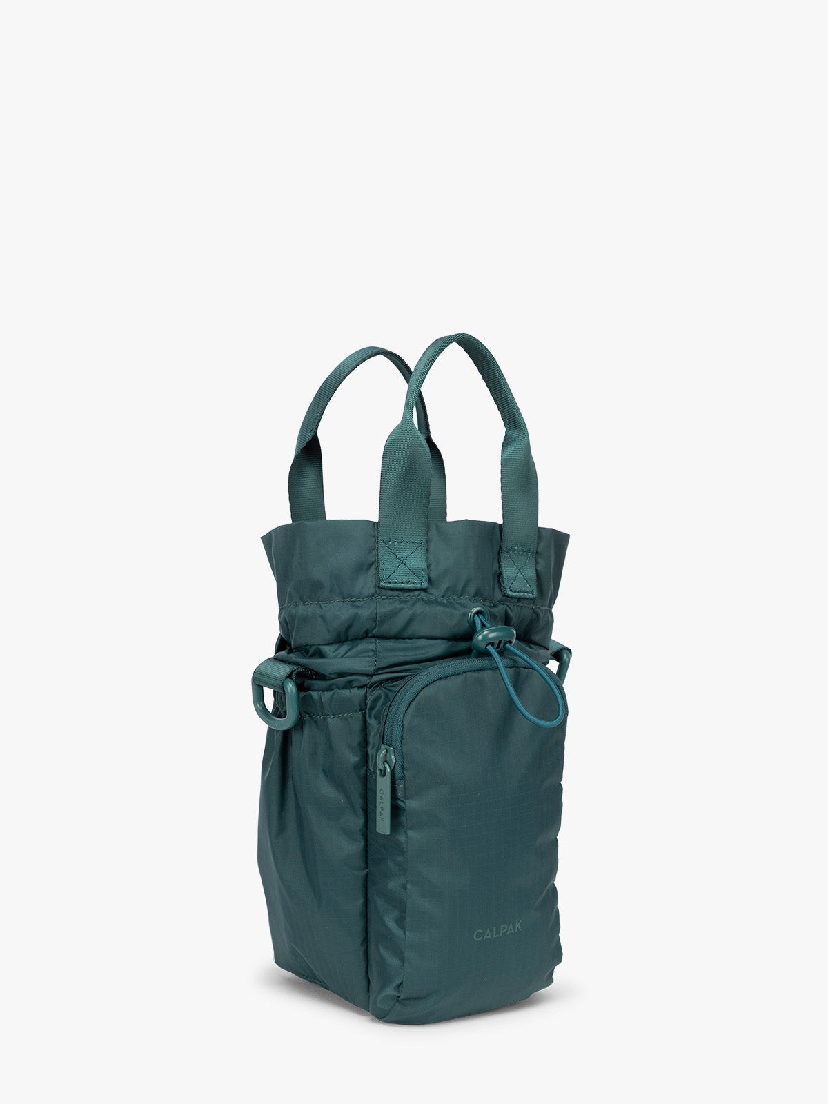 Dark green teal Kale CALPAK Water Bottle Holder with top handles, drawstring top, front zippered pocket, and a detachable shoulder strap with expandable top; AWH2101-KALE