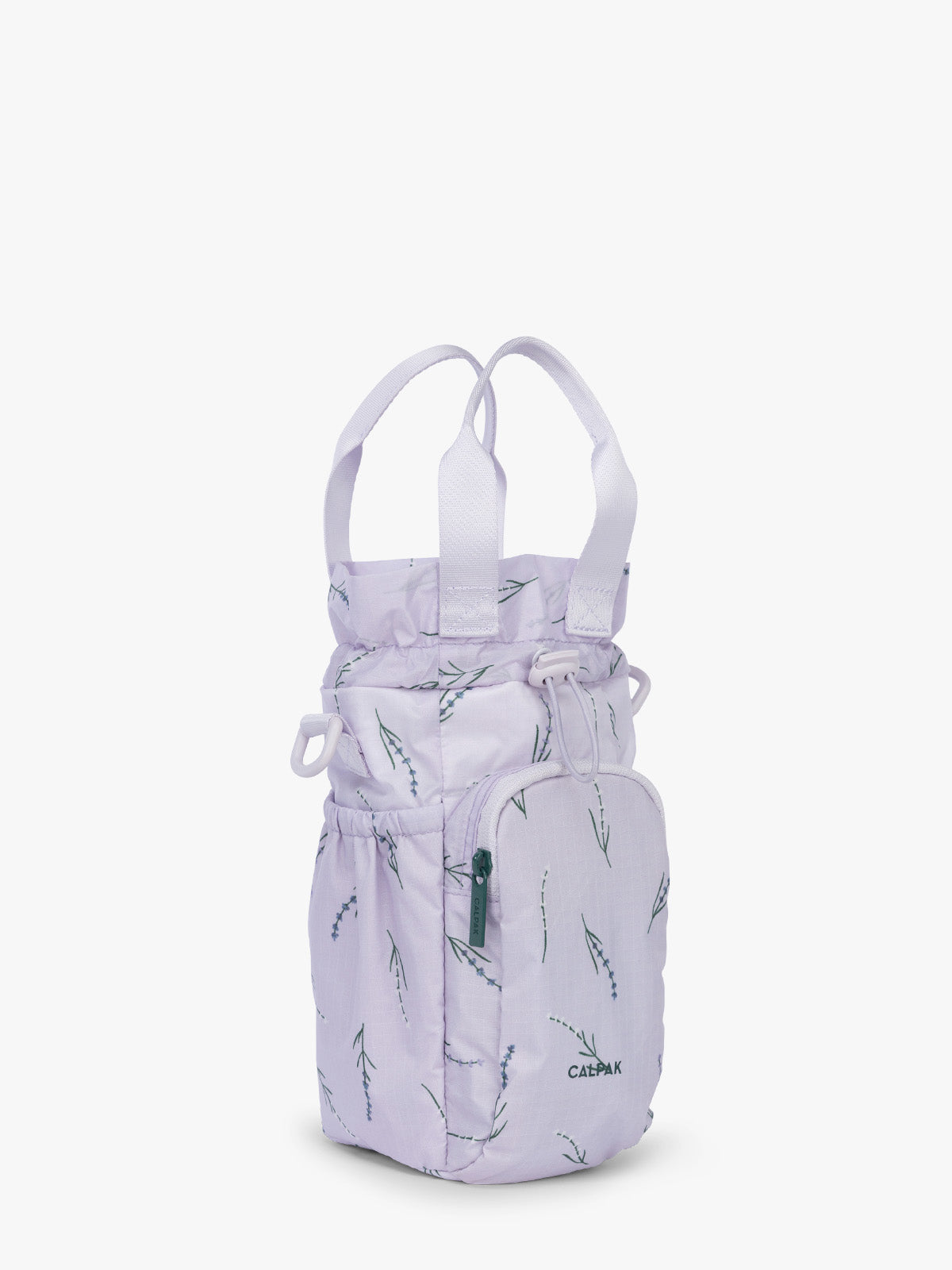 Opened CALPAK Water Bottle Holder in lavender purple with lavender flower print ; AWH2101-LAVENDER-BLOOM