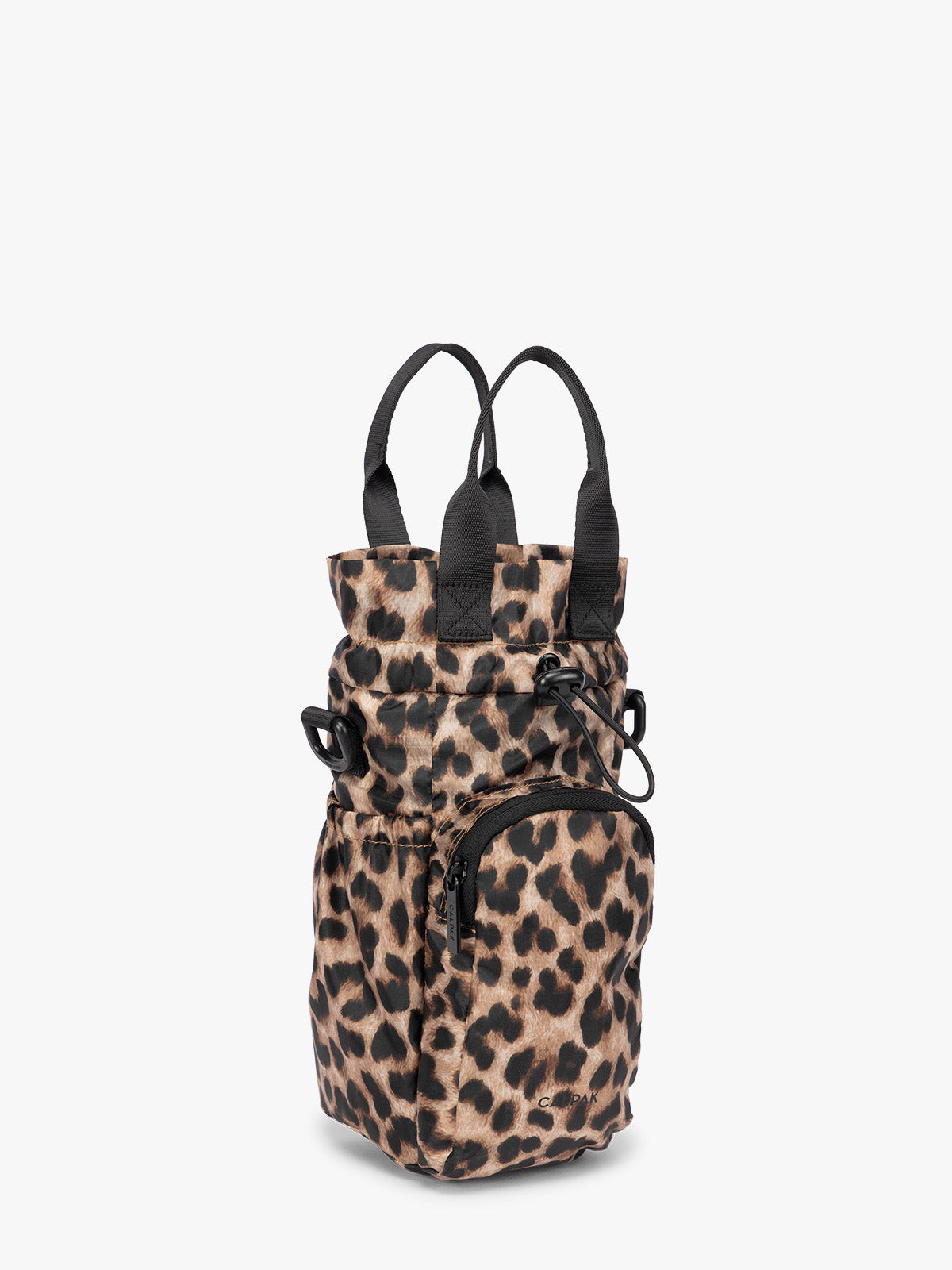 Tan and black animal print Leopard CALPAK Water Bottle Holder with top handles, drawstring top, front zippered pocket, and a detachable shoulder strap with an expandable top; AWH2101-LEOPARD
