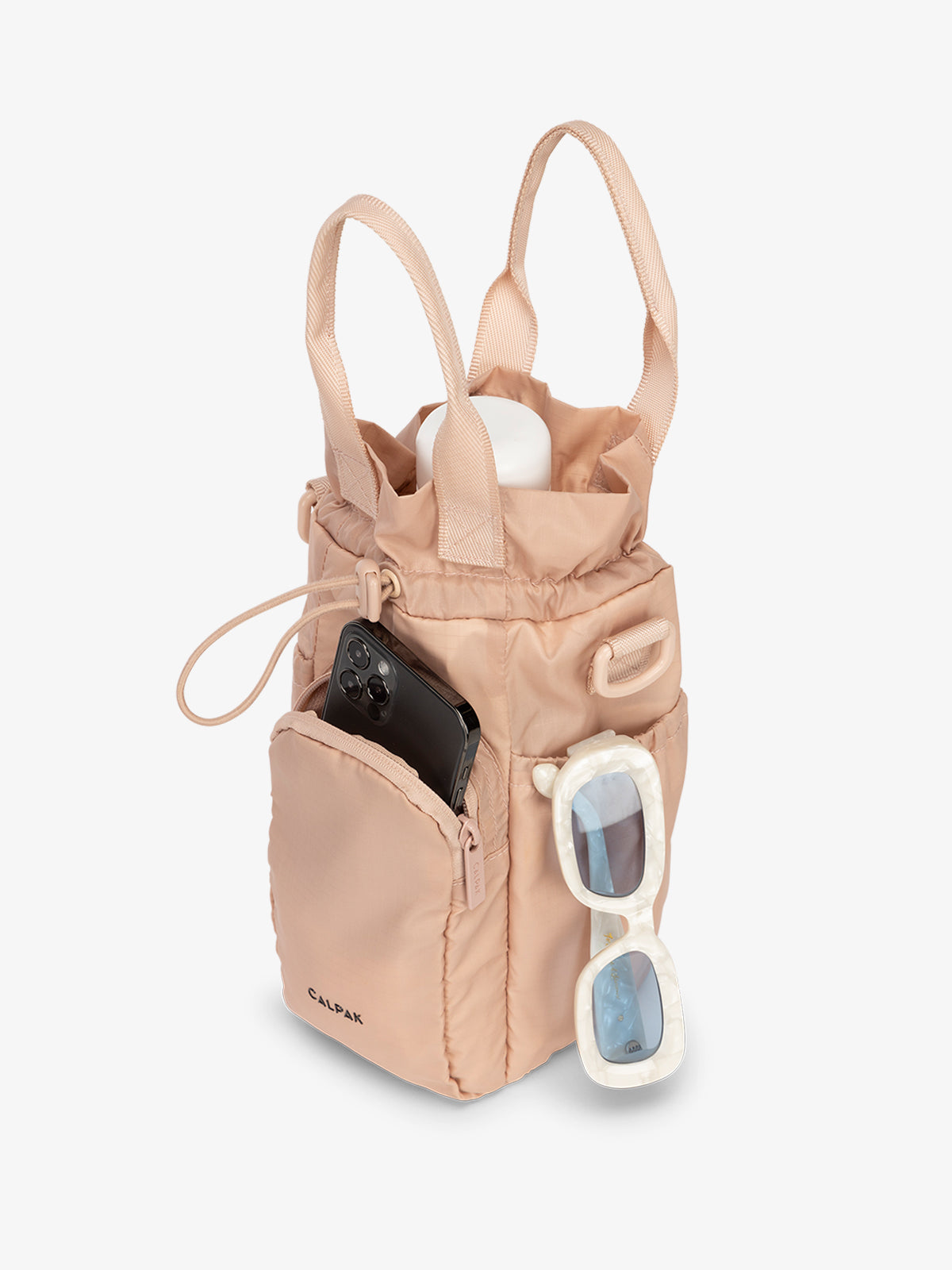 water bottle bag in light pink Mauve with phone and sunglasses; AWH2101-MAUVE