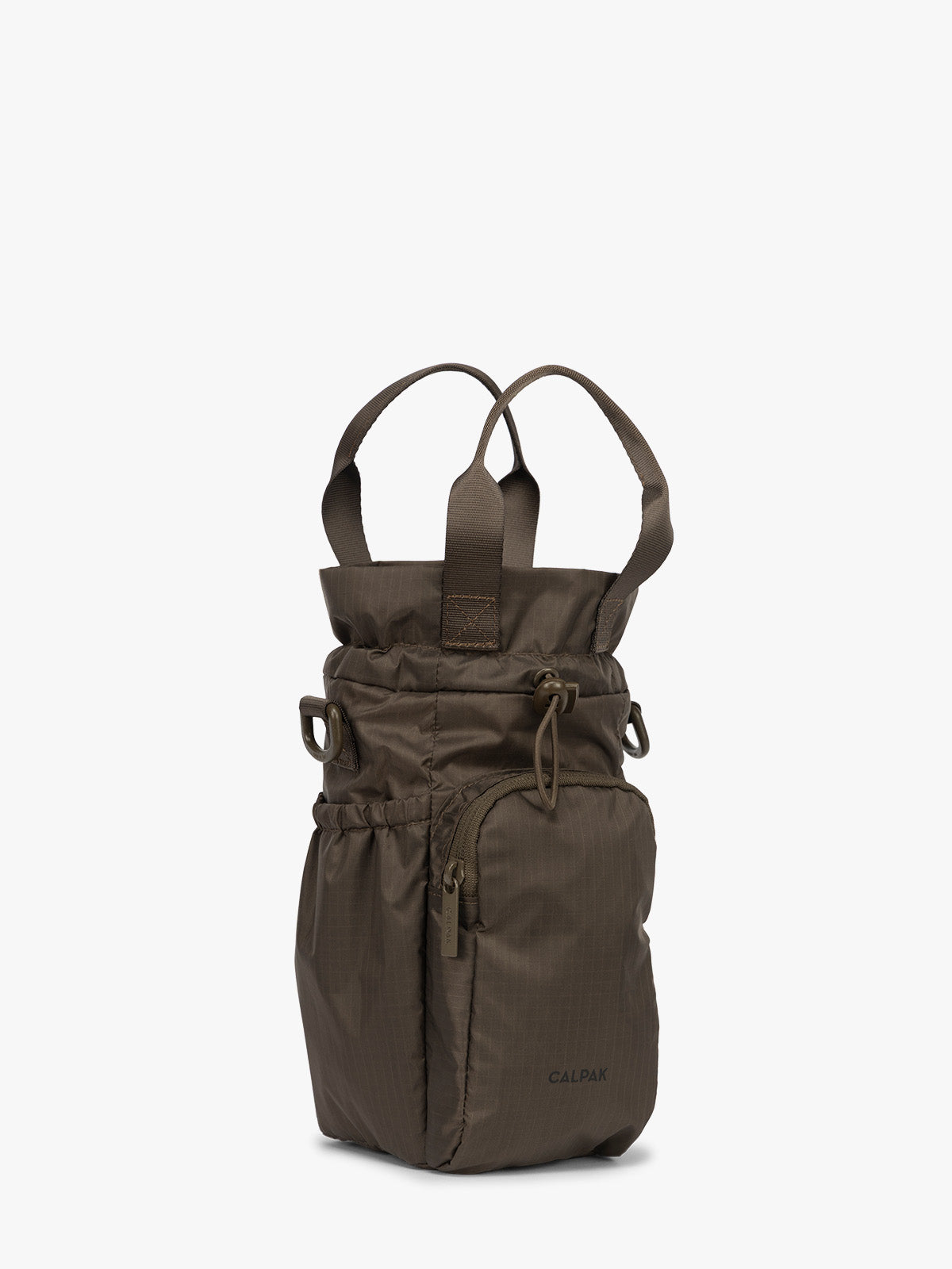 Opened with handle of CALPAK Water Bottle Holder in brown Mushroom; AWH2101-MUSHROOM