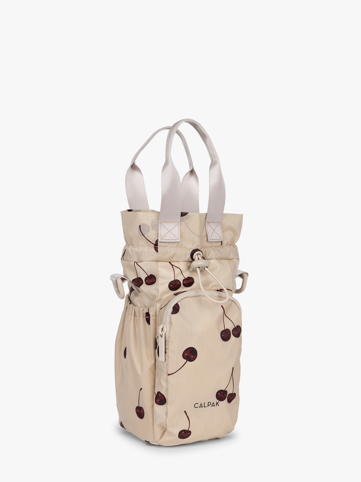 Opened view CALPAK Water Bottle Holder in Oatmeal Chery in beige with cherry pattern; AWH2101-OATMEAL-CHERRY