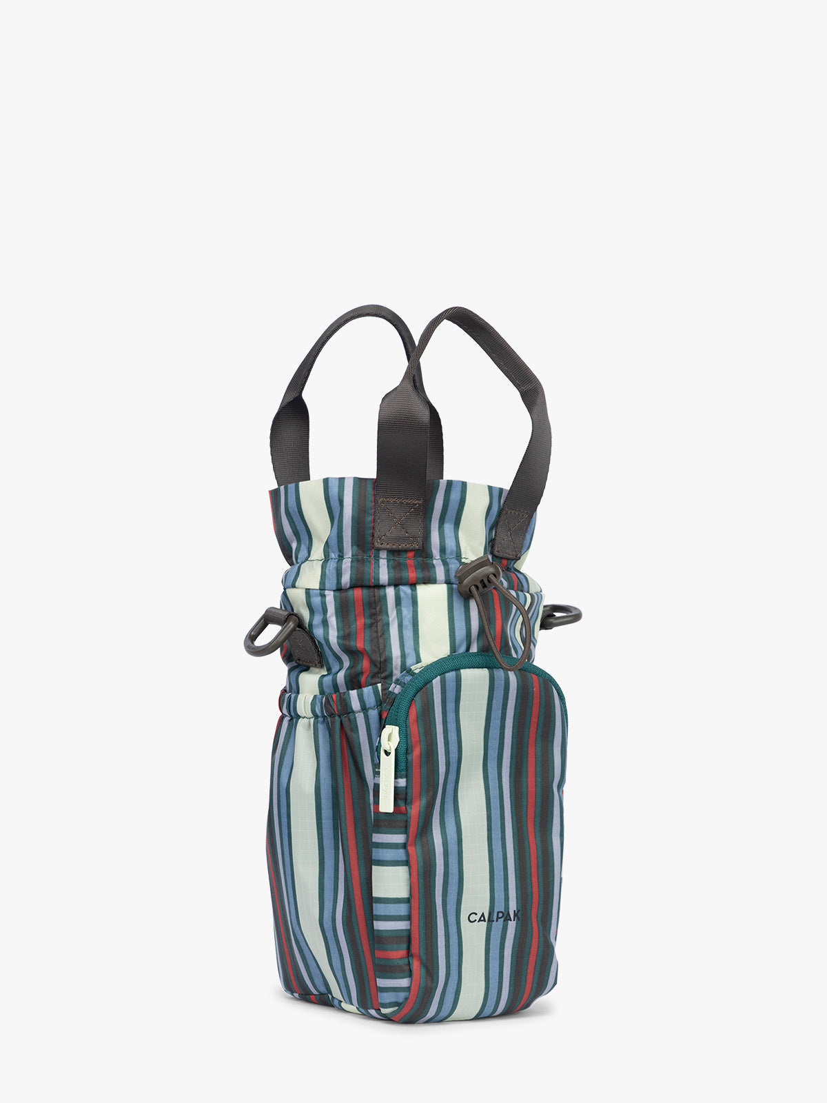 Opened with handle of CALPAK Water Bottle Holder in multicolor stripe Riviera Stripe; AWH2101-RIVIERA-STRIPE