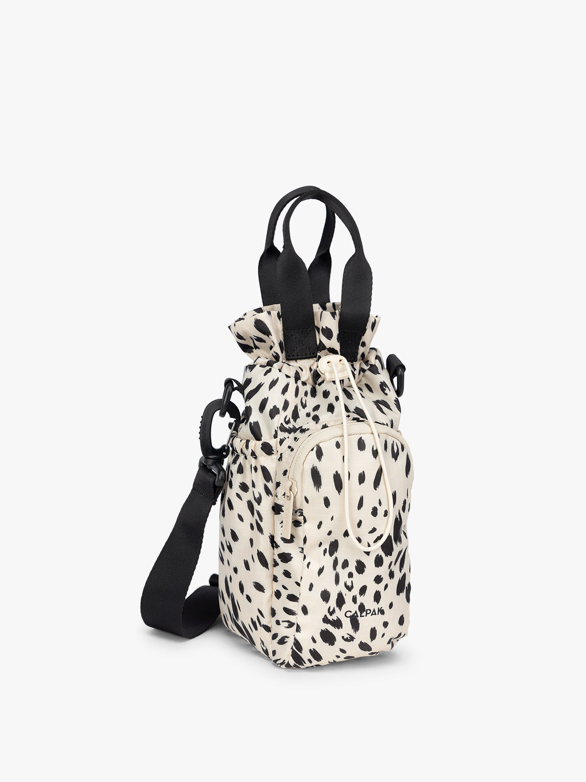 White and black animal print Snow Leopard CALPAK Water Bottle Holder with top handles, drawstring top, front zippered pocket, and a detachable shoulder strap; AWH2101-SNOW-LEOPARD