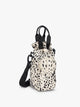 White and black animal print Snow Leopard CALPAK Water Bottle Holder with top handles, drawstring top, front zippered pocket, and a detachable shoulder strap; AWH2101-SNOW-LEOPARD