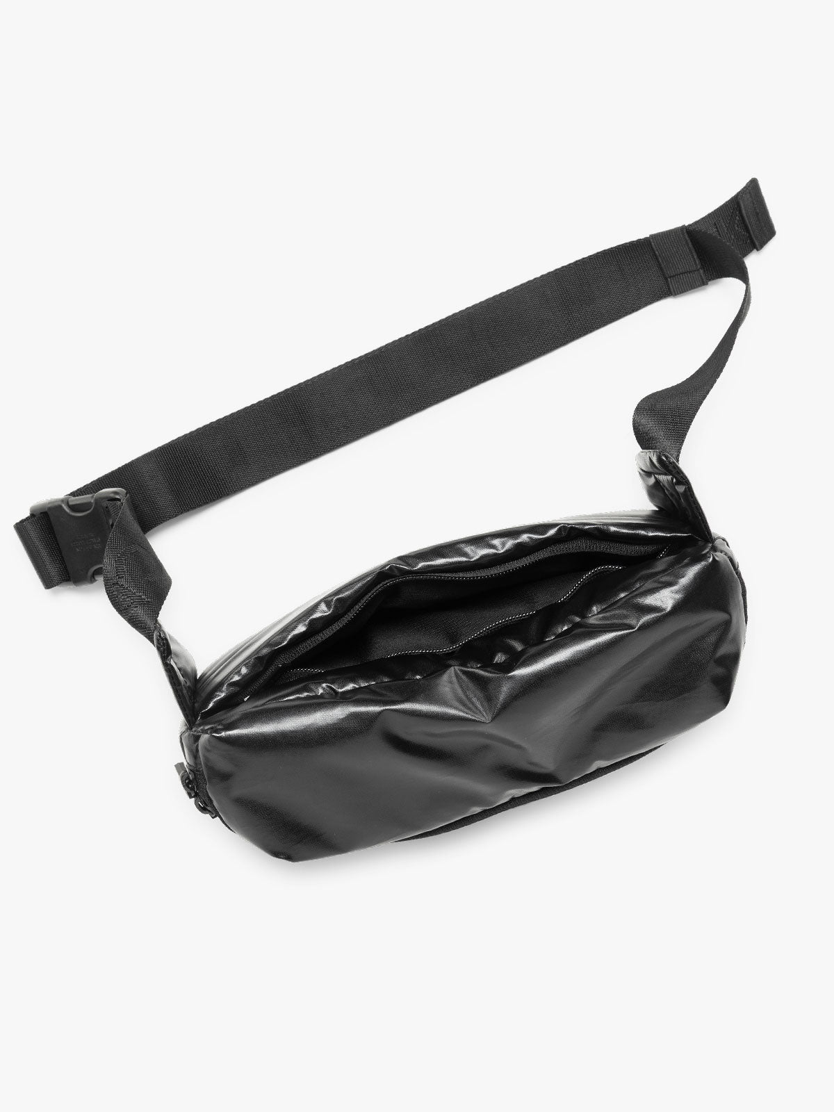 CALPAK Luka Belt Bag in Glazed Black opened up; BB1901-GLAZED-BLACK