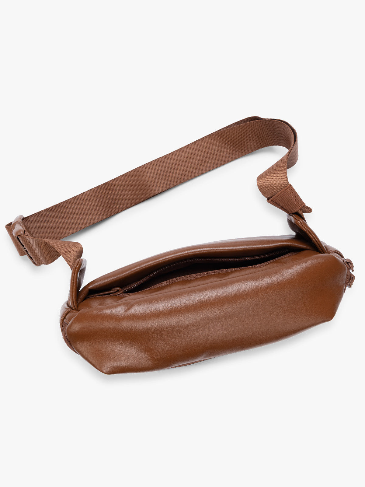 Top view of back zipper pouch of a light Honey Brown Mushroom vegan leather CALPAK Luka Belt Bag with a zippered front pocket and side straps, shown against a plain white background; BB1901-HONEY-BROWN-PU