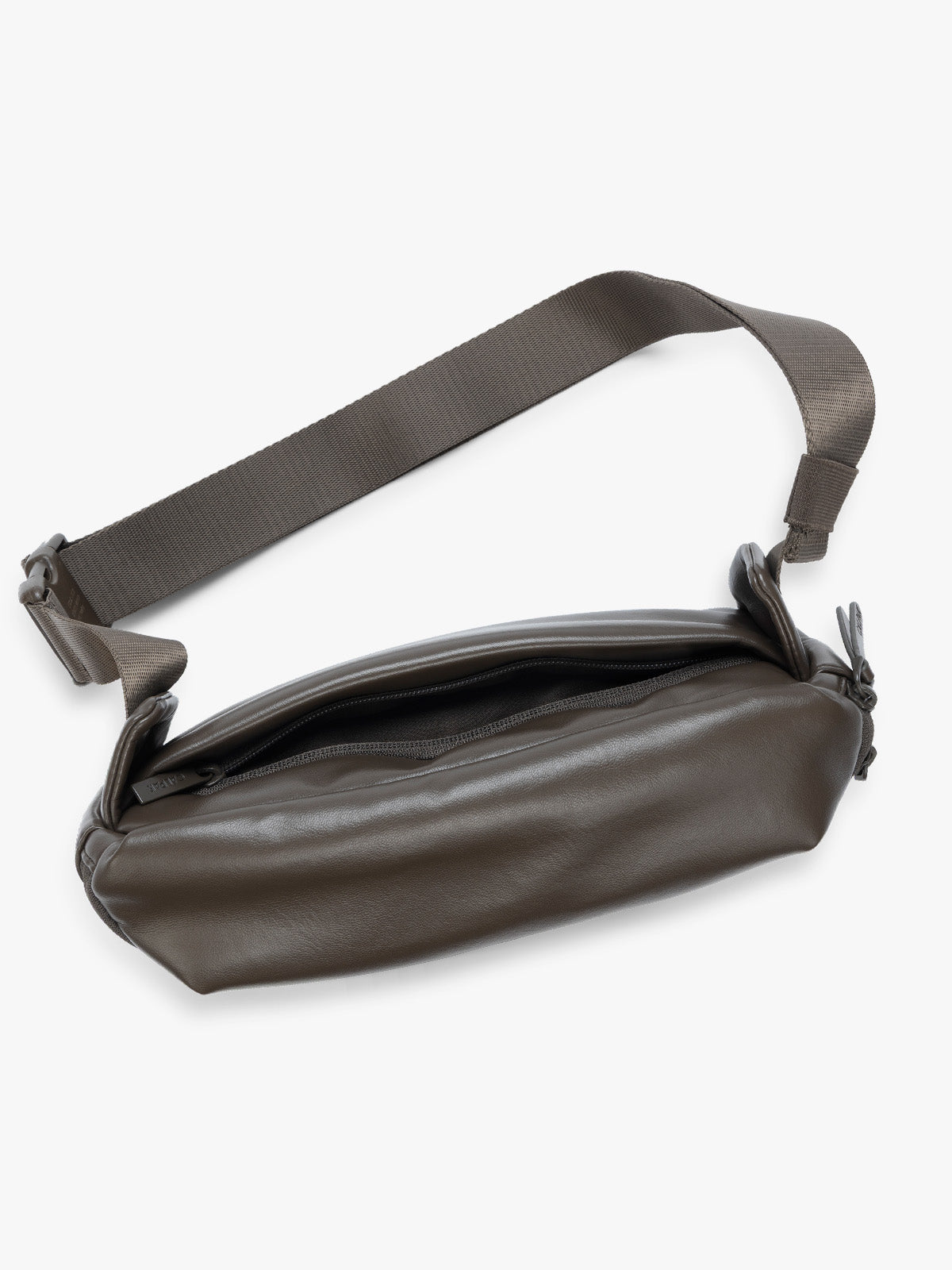 Top view showing backside zipper pocket of a dark brown Mushroom vegan leather CALPAK Luka Belt Bag with a zippered front pocket and side straps, shown against a plain white background; BB1901-MUSHROOM-PU