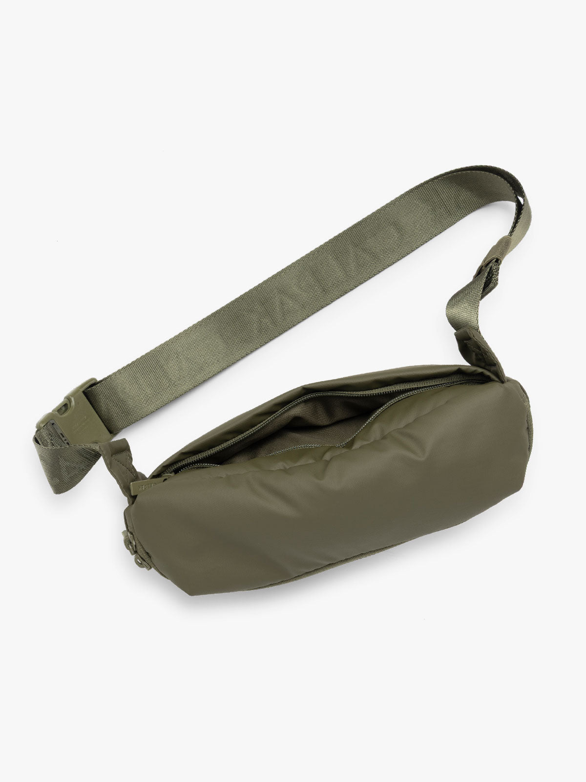CALPAK Luka Belt Bag in dark green Pine top view; BB1901-PINE