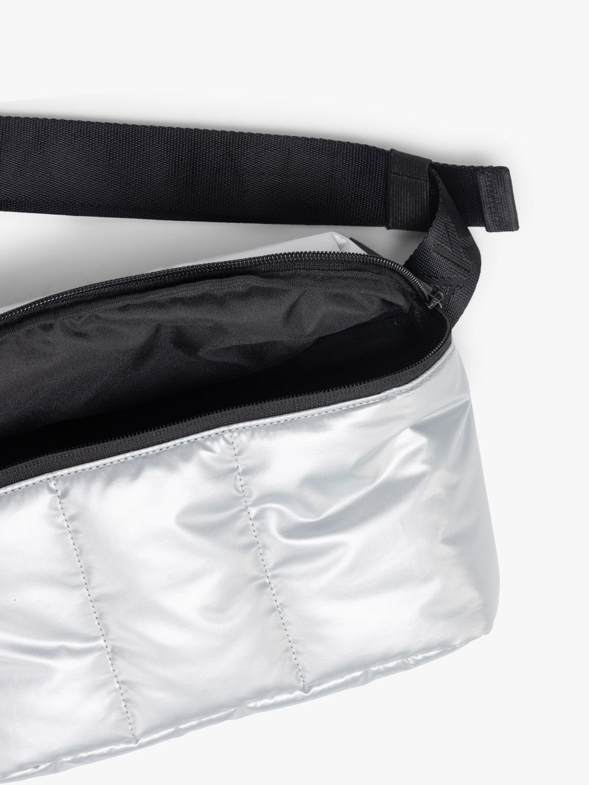 CALPAK Luka Belt Bag in Silver close up; BB1901-SILVER