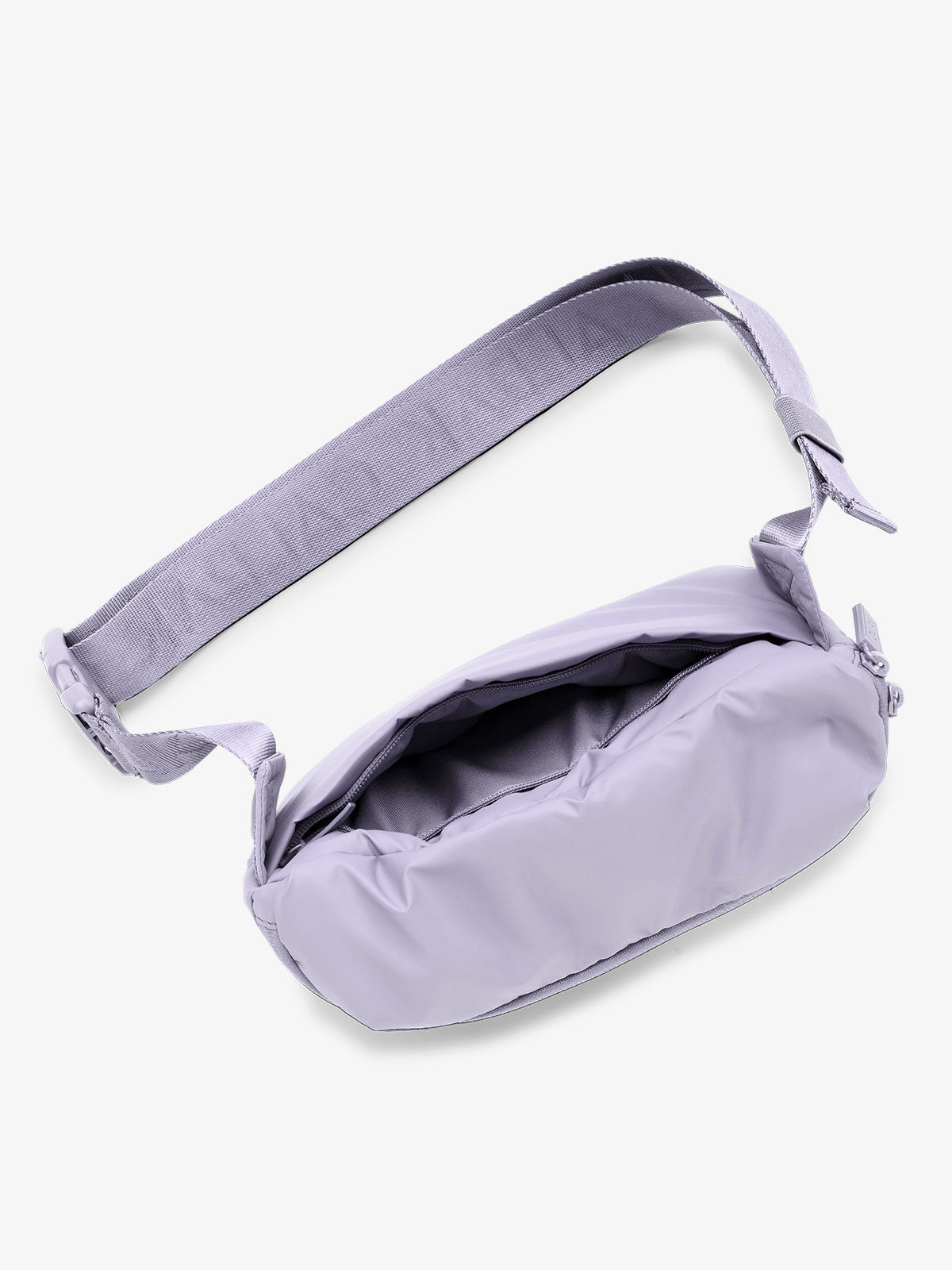 CALPAK Luka Belt Bag interior zipper view from top in color purple lavender Orchid; BB1901-ORCHID