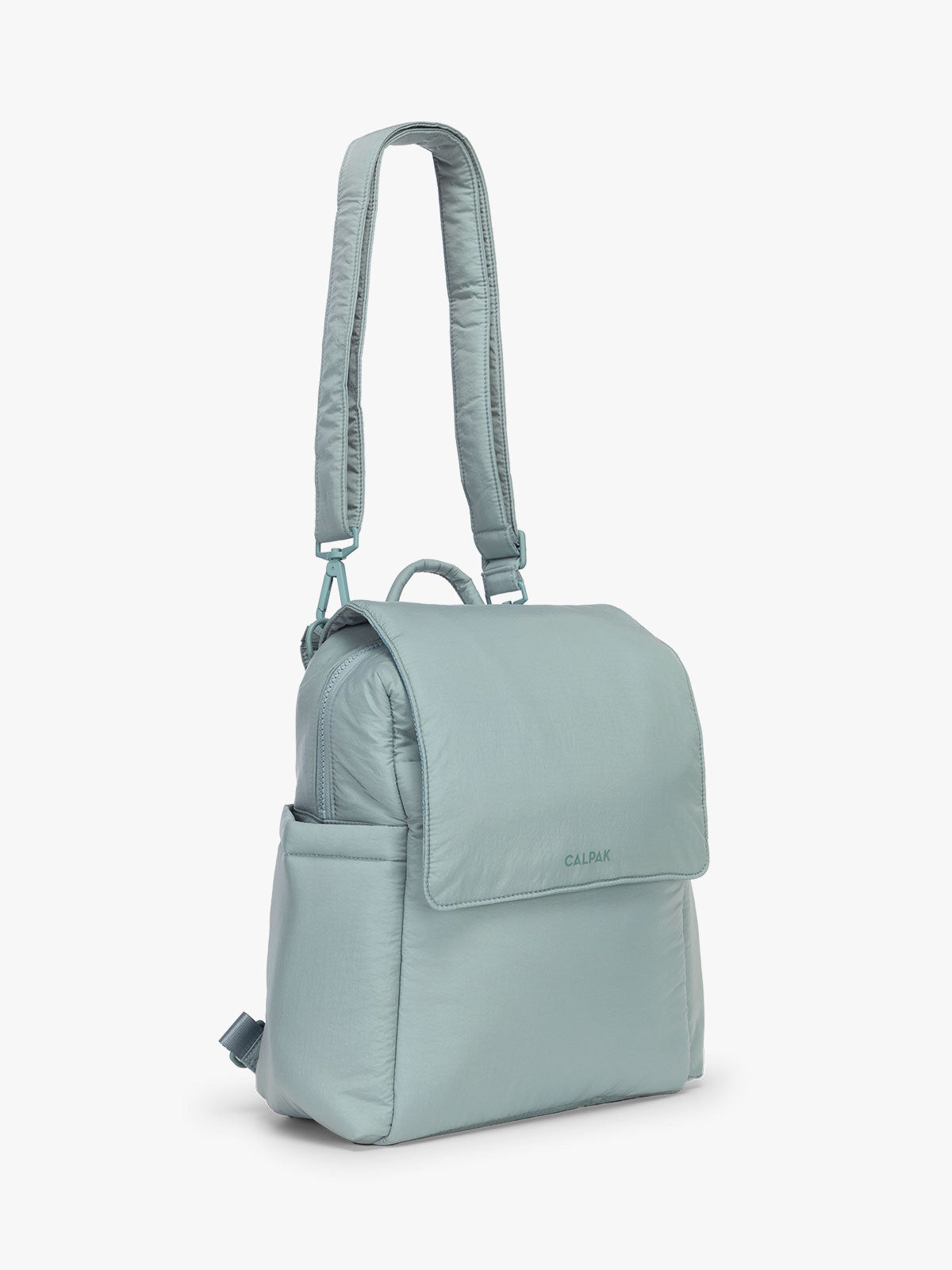 CALPAK Convertible Mini Diaper Backpack in light blue Bluebell side view with strap; BPC2401-BLUEBELL