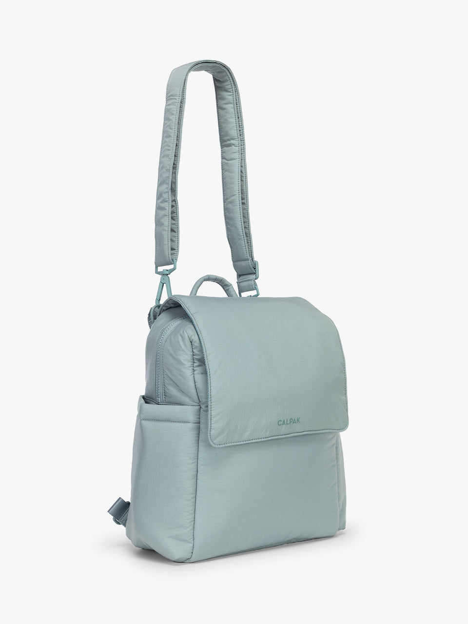 CALPAK Convertible Mini Diaper Backpack in light blue Bluebell side view with strap; BPC2401-BLUEBELL