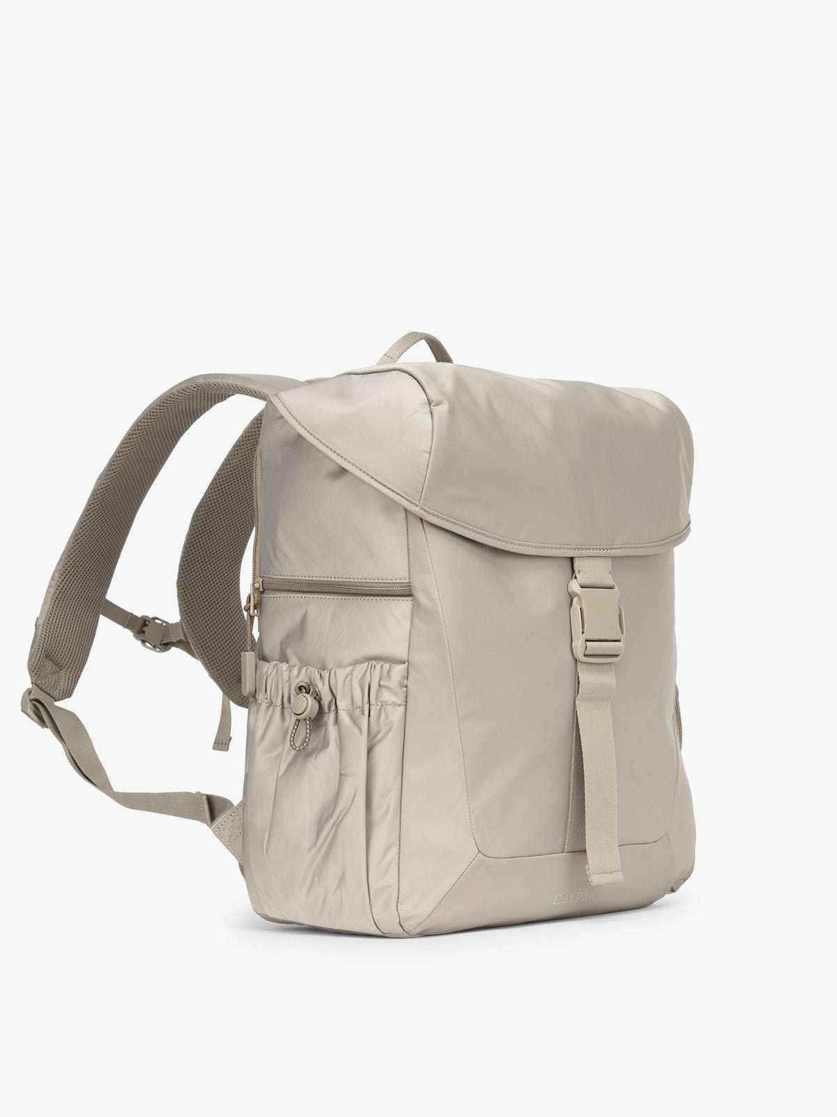 CALPAK Fit Gym Backpack in beige Greige side view with white background; BPF2601-GREIGE