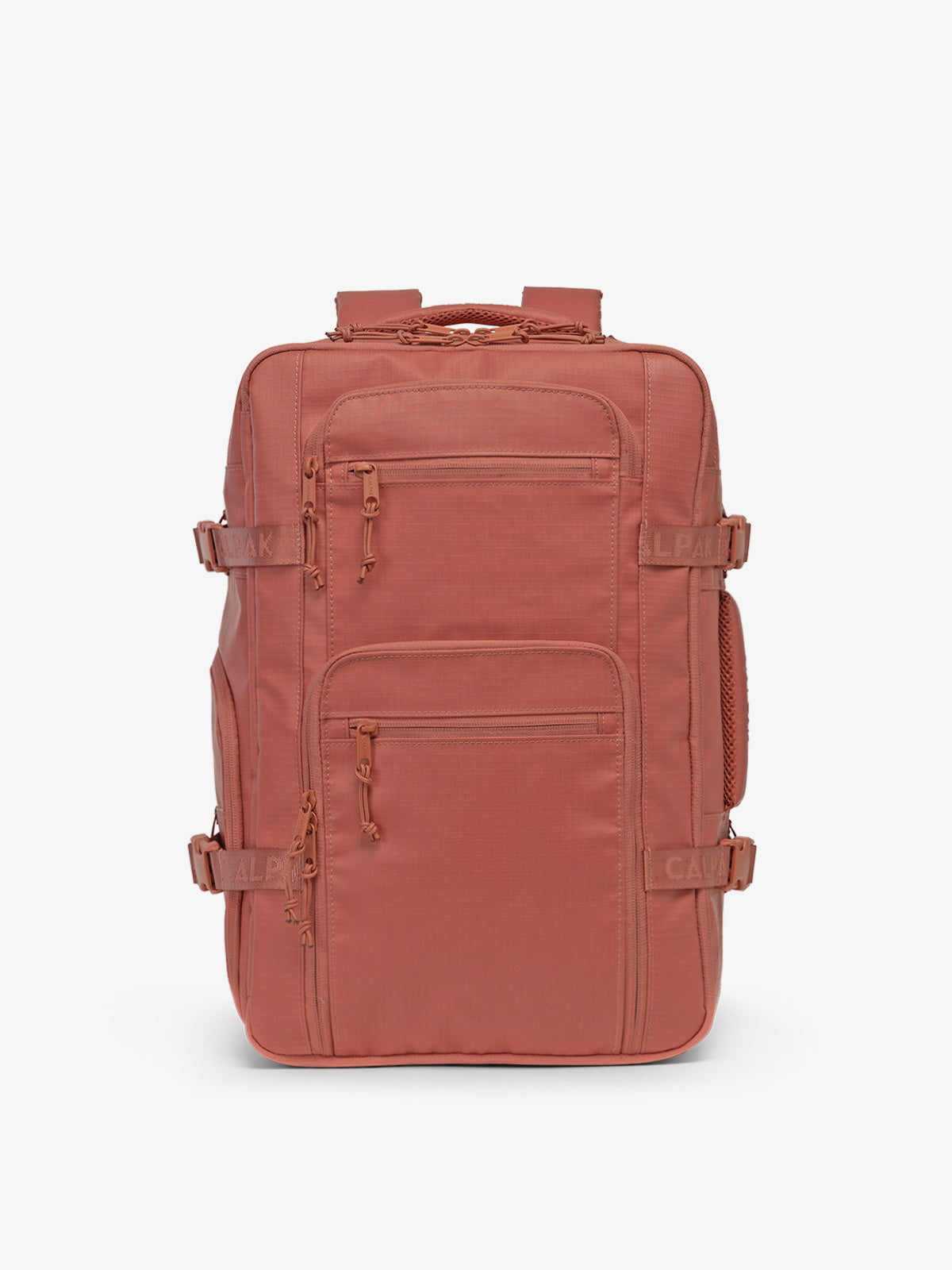CALPAK Terra 26L Laptop Backpack Duffel in red and orange Matte Clay front view; BPH2201-CLAY