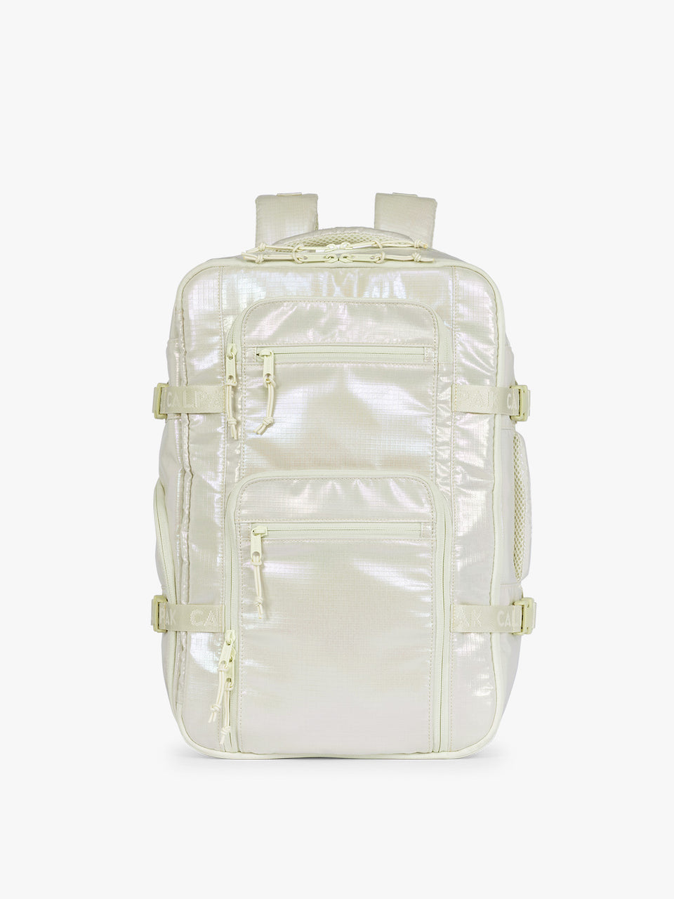CALPAK Terra 26L Laptop Duffel Backpack with multiple pockets in shiny white Moonbeam on a white background; BPH2201-MOONBEAM