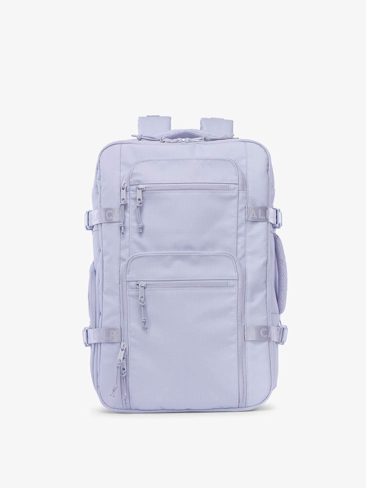 CALPAK Terra 26L Laptop Duffel Backpack with multiple pockets in light purple Sea Glass on a white background; BPH2201-SEA-GLASS