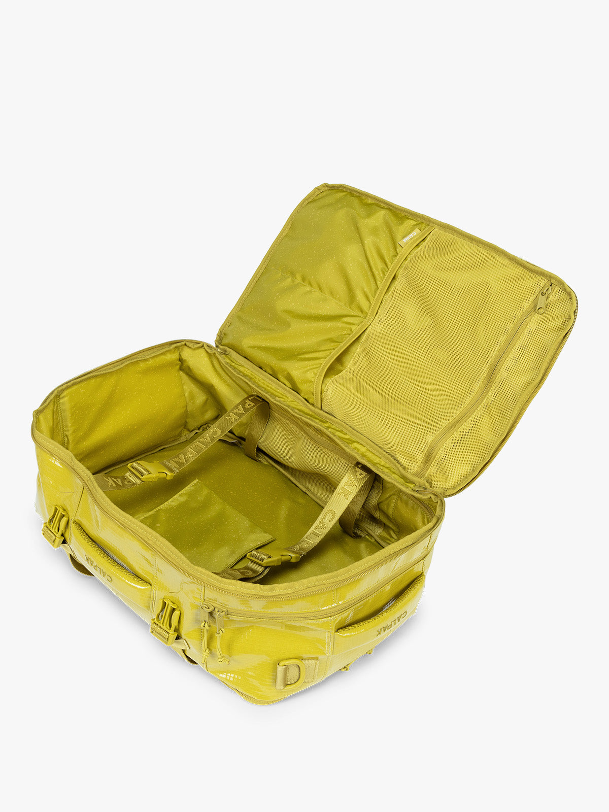 Opened CALPAK Terra 26L Laptop Backpack in yellow green Wasabi with multiple pockets on a white background; BPH2201-WASABI