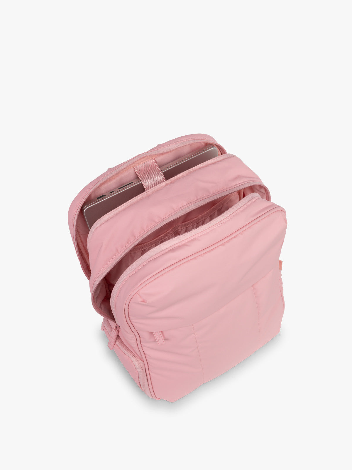 CALPAK Luka 15in Laptop Backpack in monochrome pink Blossom top view with opened backpack; BPL2001-BLOSSOM