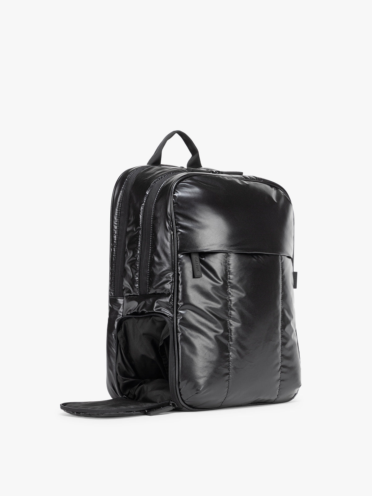 Side view of CALPAK Luka Backpack in Glazed Black; BPL2001-GLAZED-BLACK